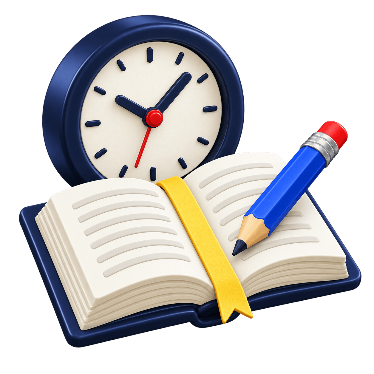 Relógio, livro e lápis representando uma hora de estudo por dia